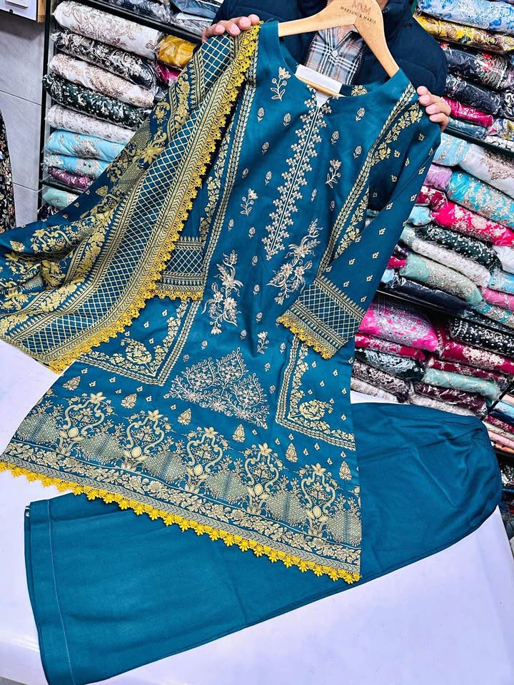 New Pakistani dhanak fabric three piece dresses with thick shawl dupatta New Pakistani dhanak fabric three piece dresses with thick shawl dupatta