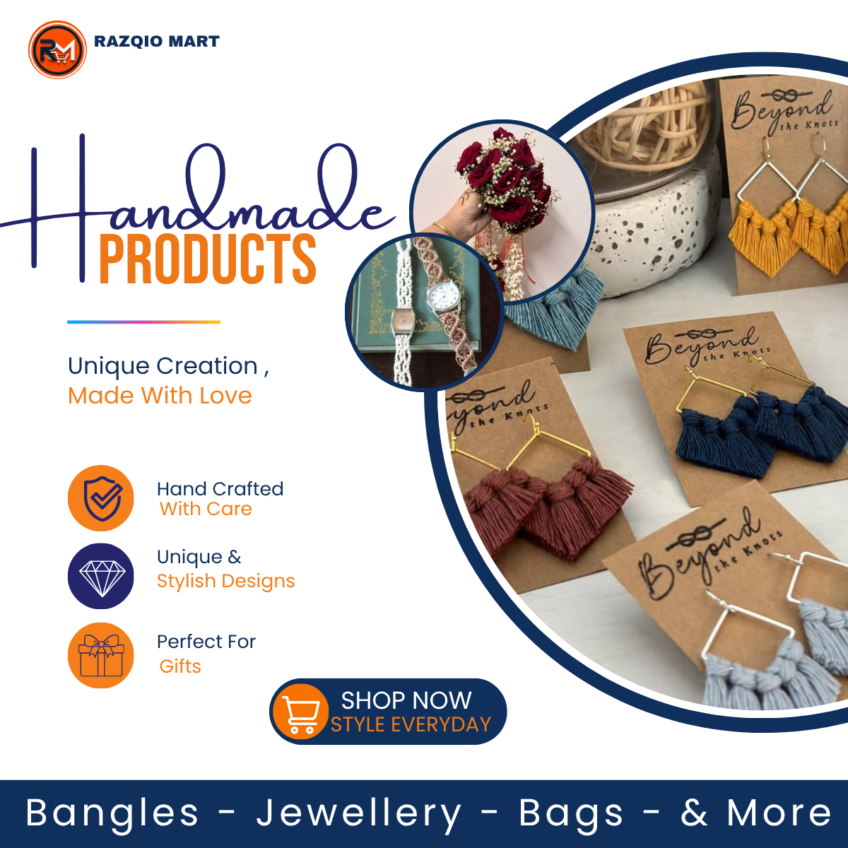 Handmade collection with tassel earrings, bracelets and a bouquet
