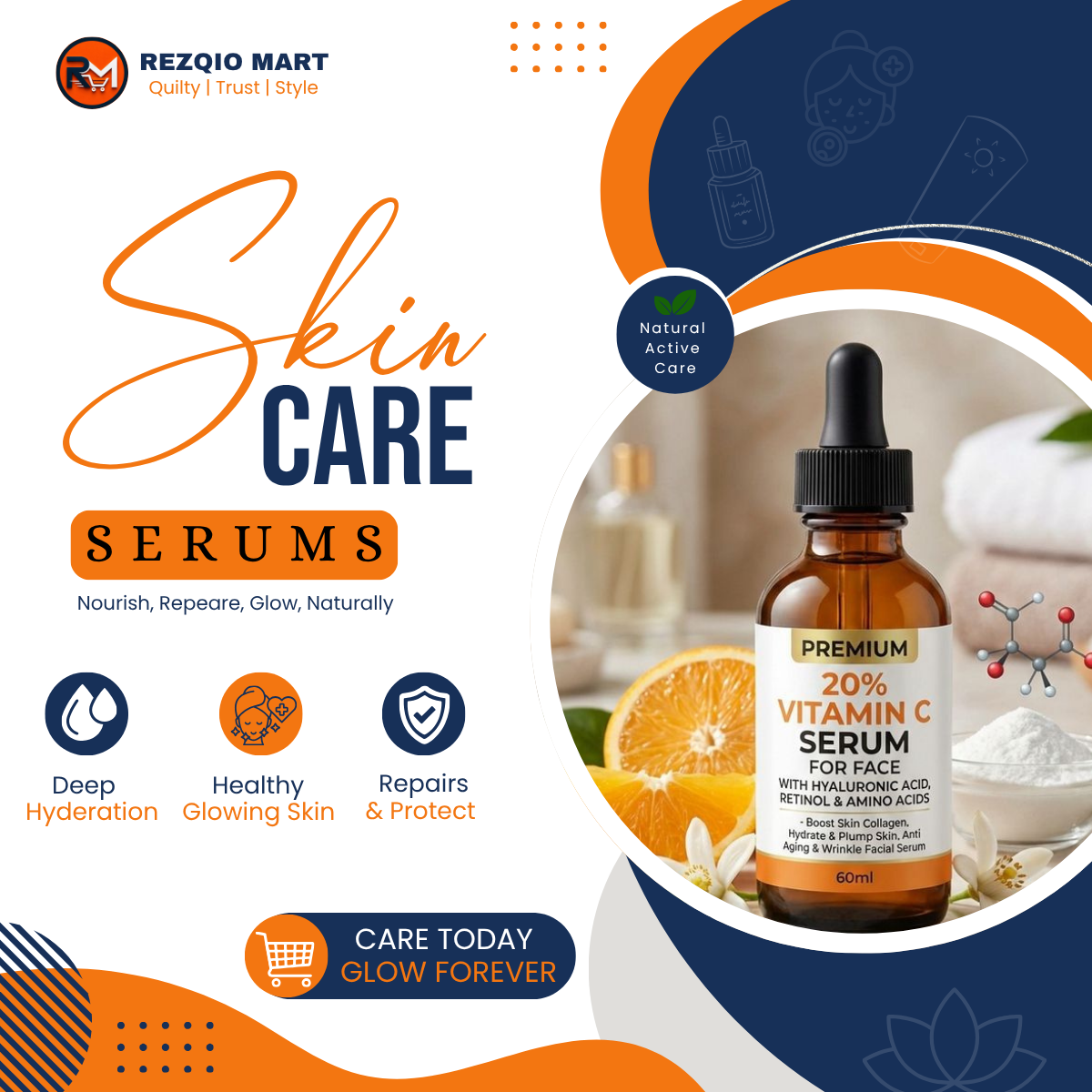 Skin care collection featuring a vitamin C serum bottle