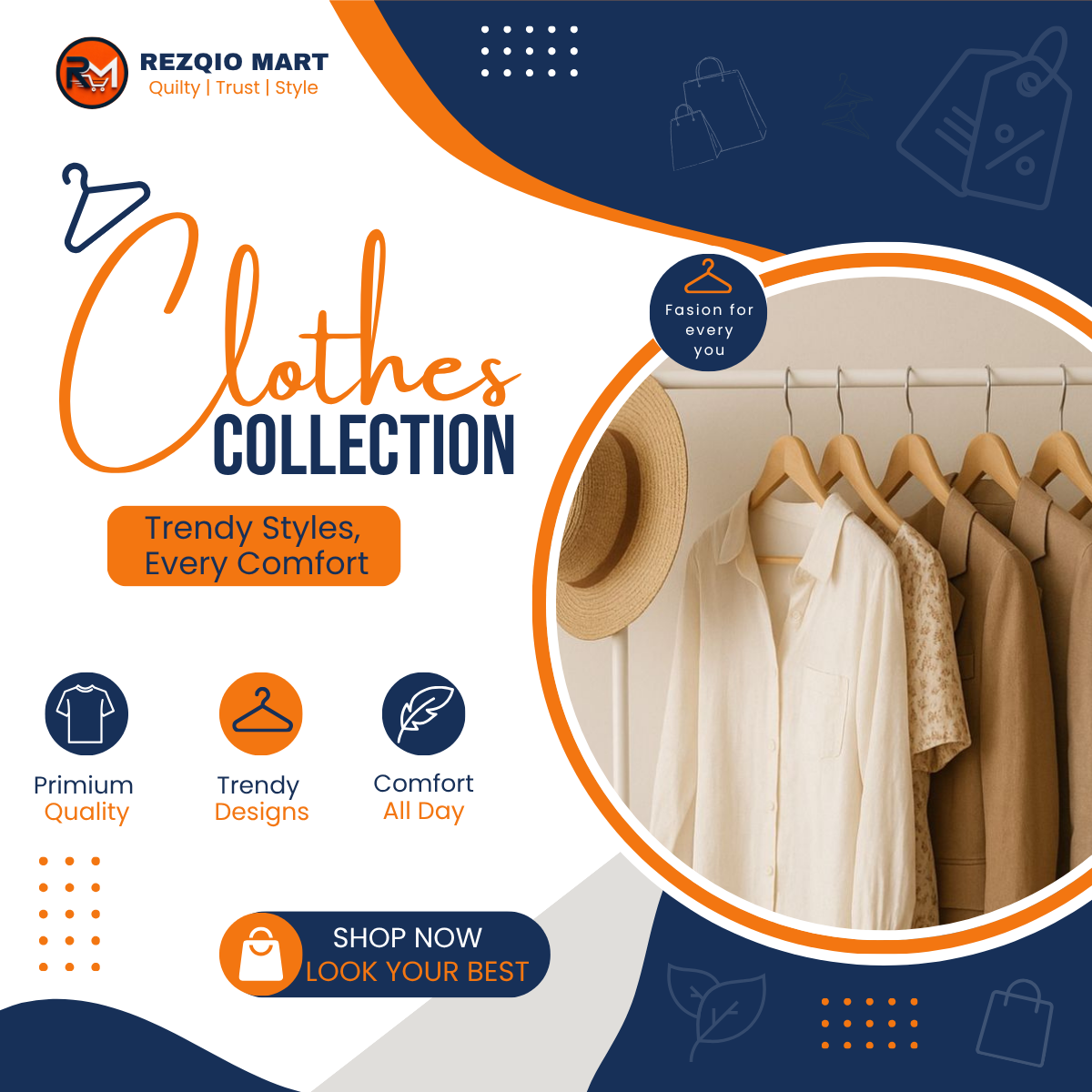 Clothing collection with neutral outfits on wooden hangers