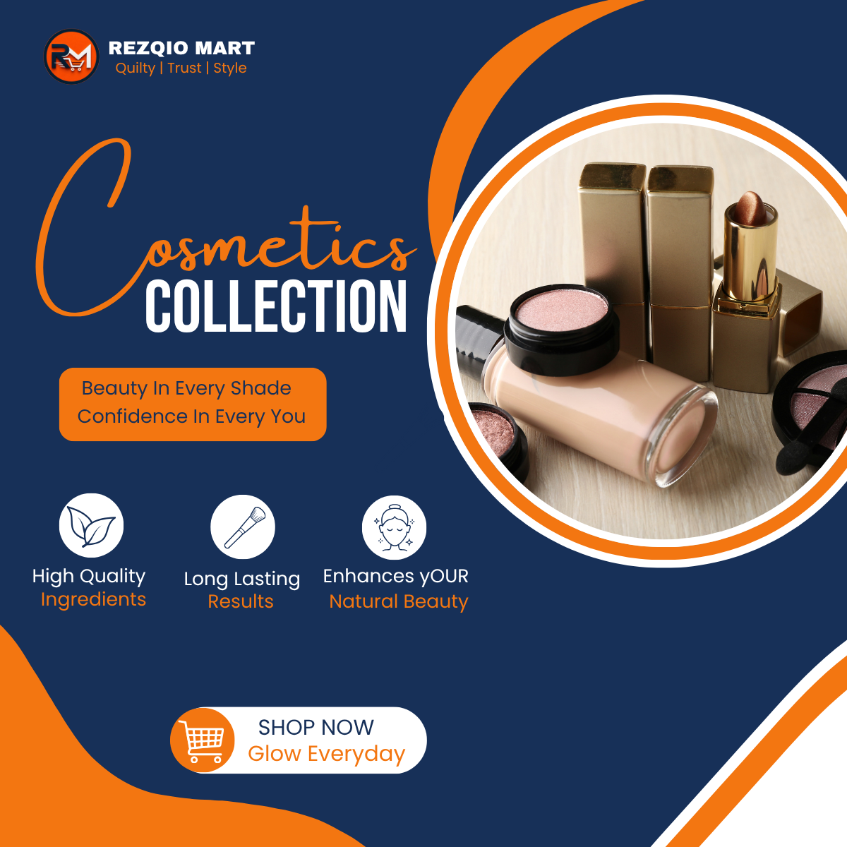 Cosmetics collection with lipstick, foundation and makeup