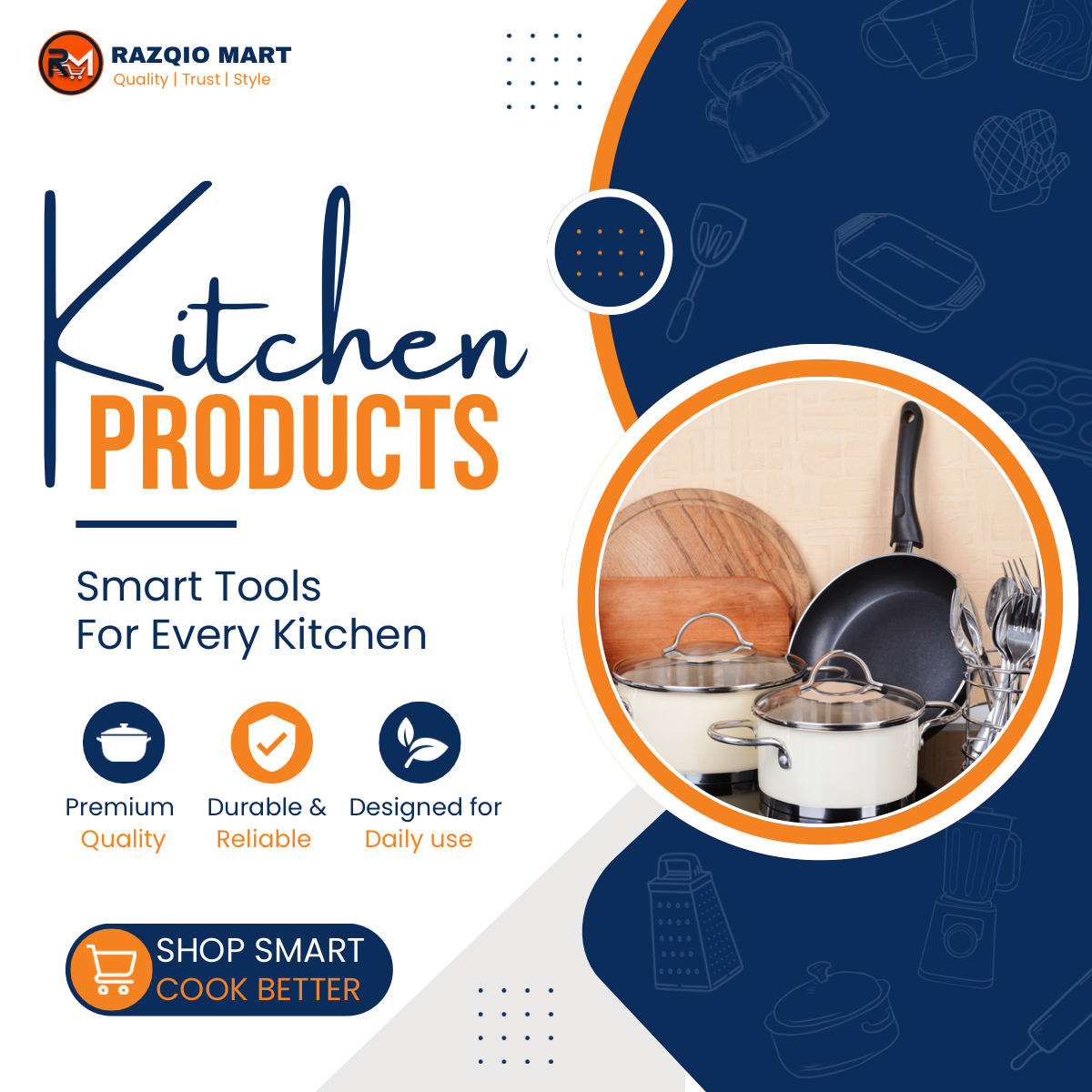 Kitchen collection with cookware, utensils and wooden boards