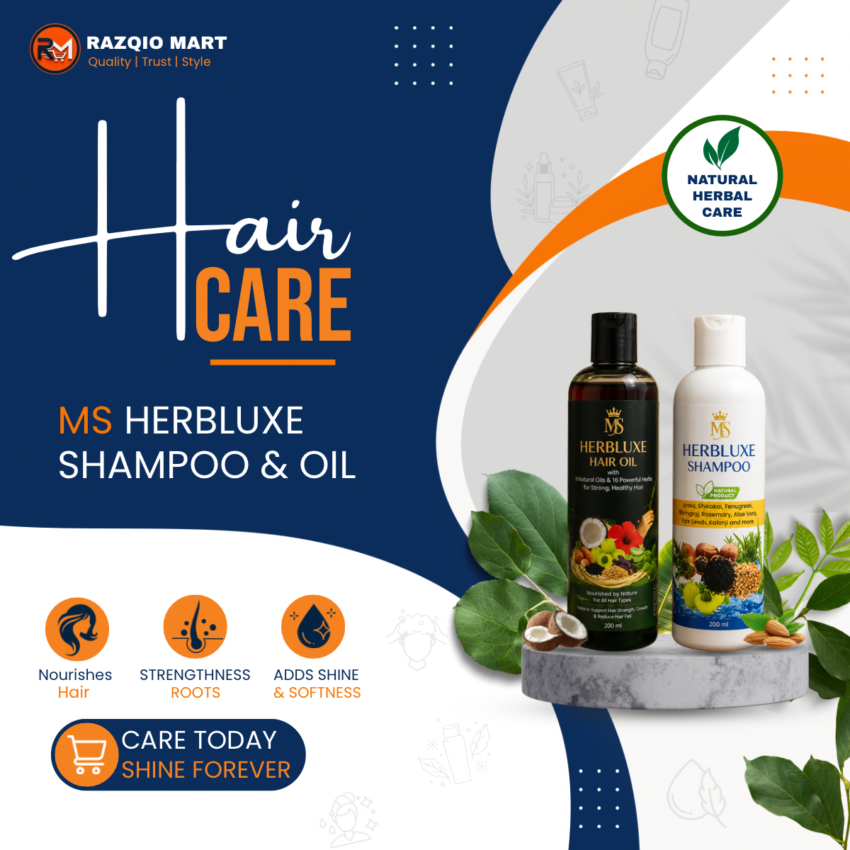 Hair care collection featuring MS Herbluxe shampoo and oil
