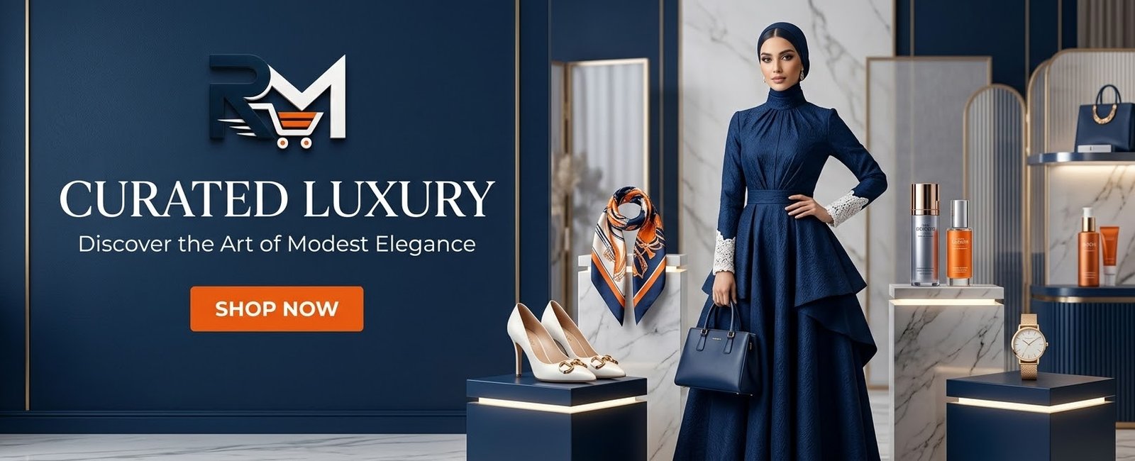 Curated Luxury — Discover the Art of Modest Elegance. Fashion and accessories in RazqioMart navy and orange.